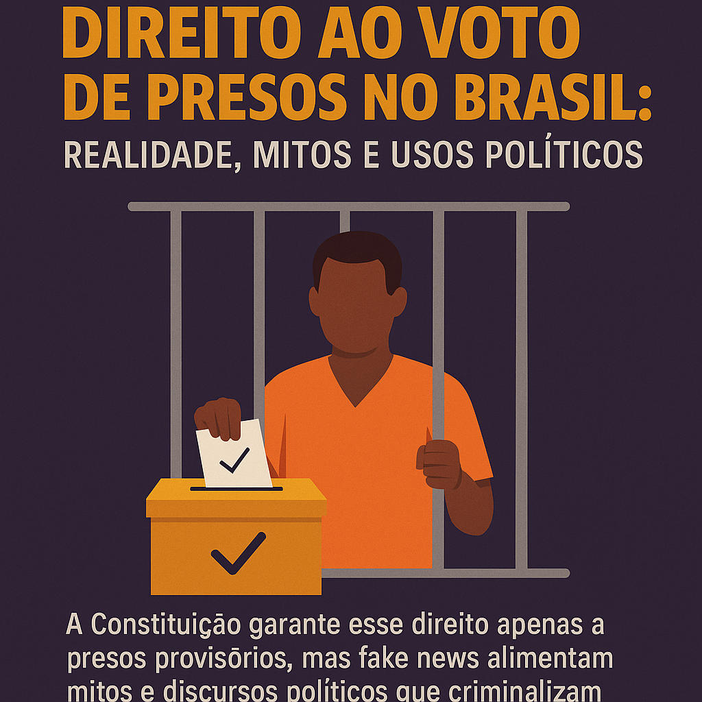 Urna eletrônica em uma sala de presídio com grade ao fundo, simbolizando o voto de presos.